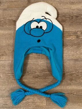 The Smurfs Knit Beanie Hat Earflaps and Tassels Blue White 2012